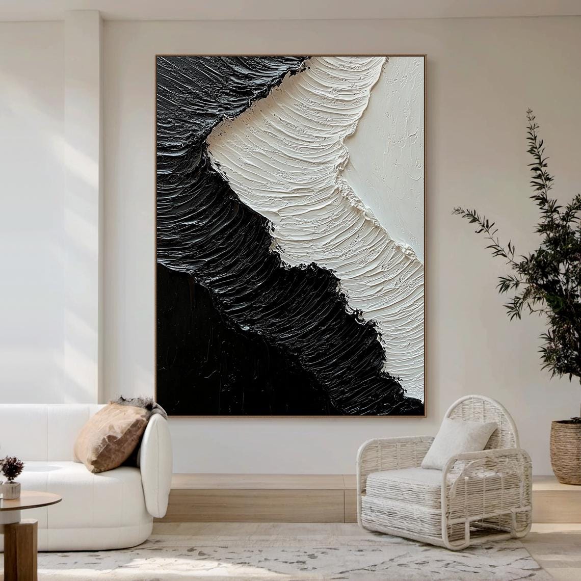 Abstract Black and White Oil Painting, Large Minimalist Artwork ...