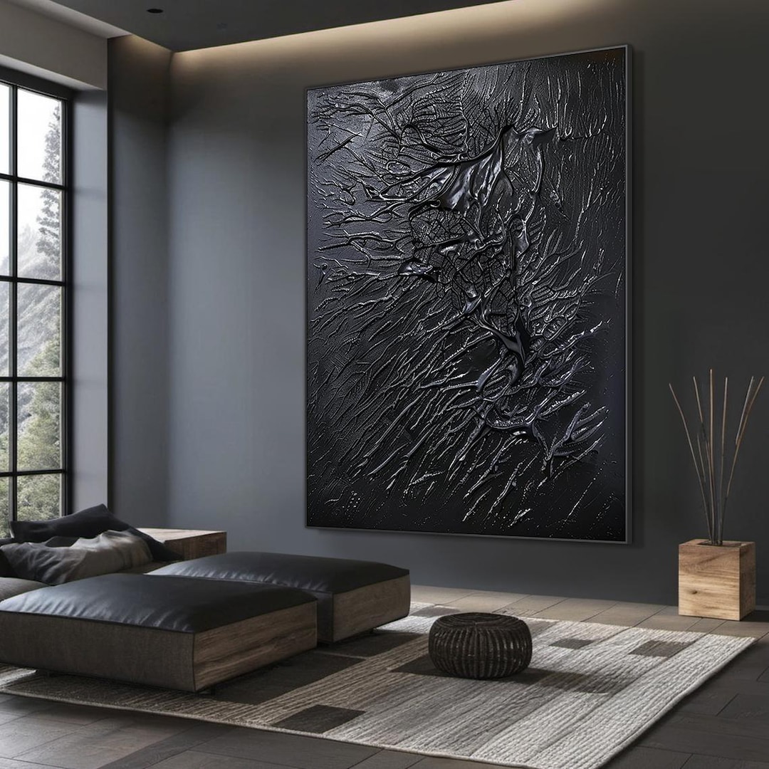 Black Abstract Oil Painting Thick Impasto Textured Art Modern Black ...