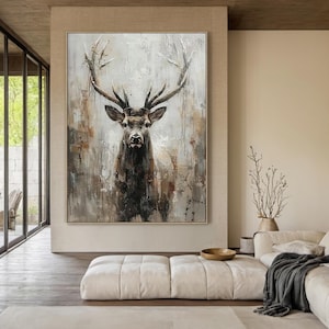 Realistic Deer Painting - Modern Textured Stag Artwork for Living Room,Abstract Deer Oil Painting, Modern Animal Wall Art