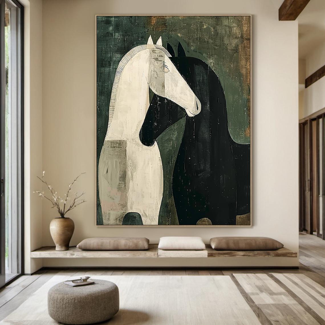 Modern Abstract Horse Oil Painting, Black and White Minimalist Art ...