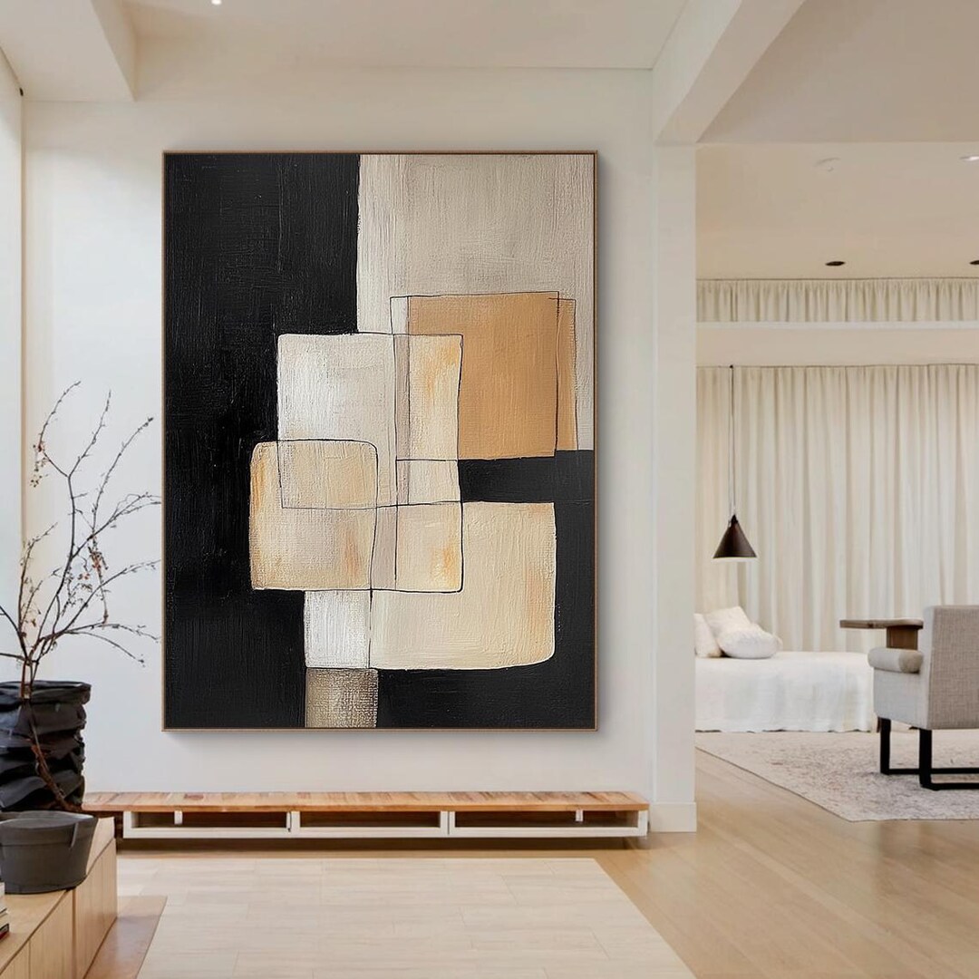 Neutral Black Beige Canvas Painting,geometric Abstract Wall Art, Large ...