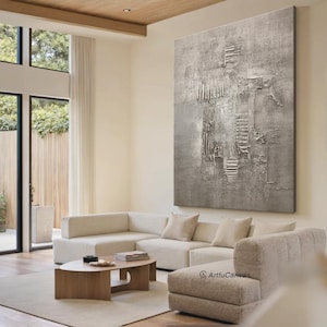 Minimalist Texture Abstract Painting, Modern Grey Wall Art, Large Canvas for Living Room or Office, Hand Painted Neutral Artwork