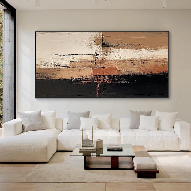 Abstract Neutral Wall Art, Black Brown Beige Large Canvas Painting ...