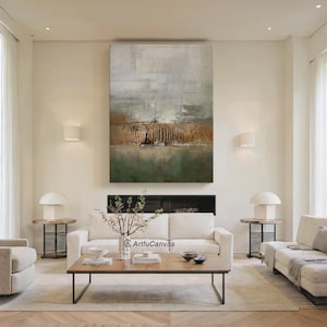 Large Abstract Wall Art, Grey Brown Green Textured Painting, Wabi Sabi Style Minimalist Modern Canvas Art for Living Room Decor