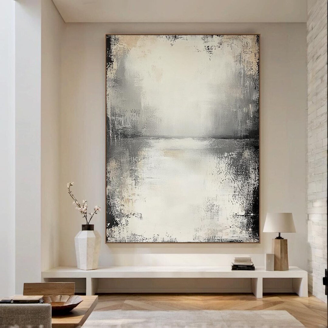 Handmade Beige & Gray Abstract Oil Painting: Modern Textured Canvas Art ...