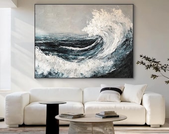 Abstract Ocean Wave Oil Painting, Textured Canvas Art, Dark Blue Sea Wave with White Foam, Modern Nature Wall Art for Living Room