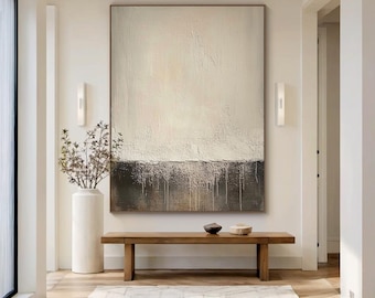 Beige and Charcoal Brown Textured Abstract Wall Art, Large Minimalist Canvas Painting, Wabi-Sabi Neutral Artwork for Living Room or Entryway