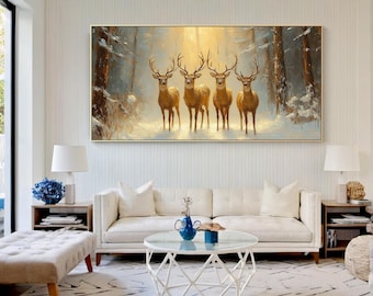 森の動物の油絵オリジナル、雪景色の鹿の絵、湖畔のアートハウスの装飾
