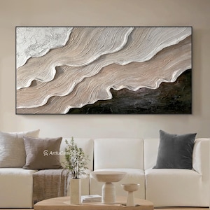 Art océanique minimaliste 3D, peinture sur toile, art mural texturé, tons de terre, vagues, art wabi-sabi, peinture de salon, décoration de chambre tendance