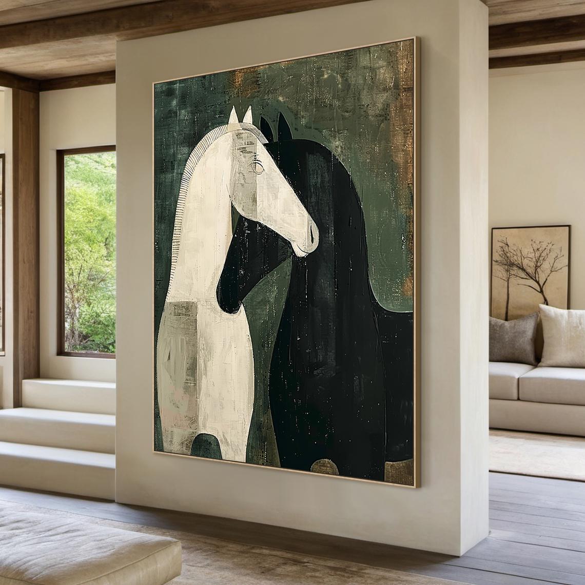 Modern Abstract Horse Oil Painting Black and White Minimalist Art ...