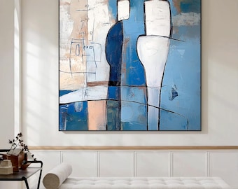 Abstract Blue Canvas Painting  Minimalist Figurative Wall Art   Large Textured Artwork   Modern Decor for Living Room