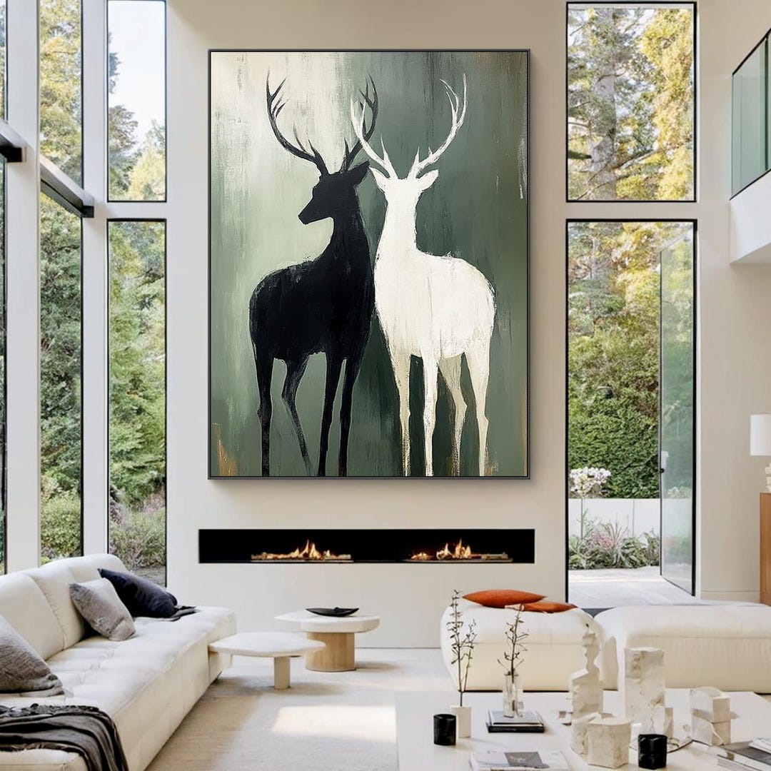 Large Black and White Abstract Deer Painting, Modern Minimalist Animal ...