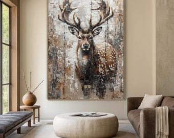 Majestuosa obra de arte de ciervo: moderna pintura al óleo texturizada de ciervo para sala de estar, pintura al óleo abstracta de ciervo, decoración inspirada en la naturaleza.
