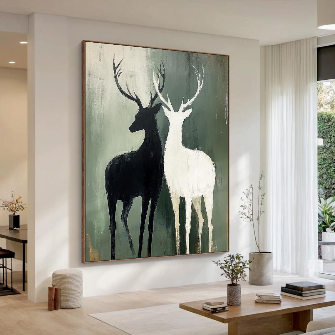 Large Black and White Abstract Deer Painting, Modern Minimalist Animal ...