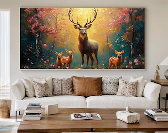 野花の中の子鹿の油絵：森の鹿の素朴な壁アート - Etsy 日本