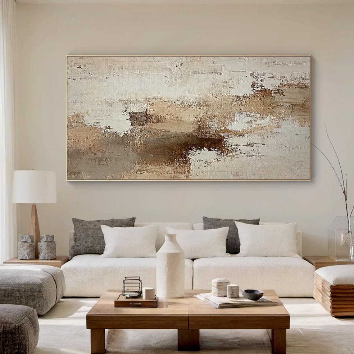 Handmade Beige Abstract Oil Painting on Canvas: Minimalist Textured ...