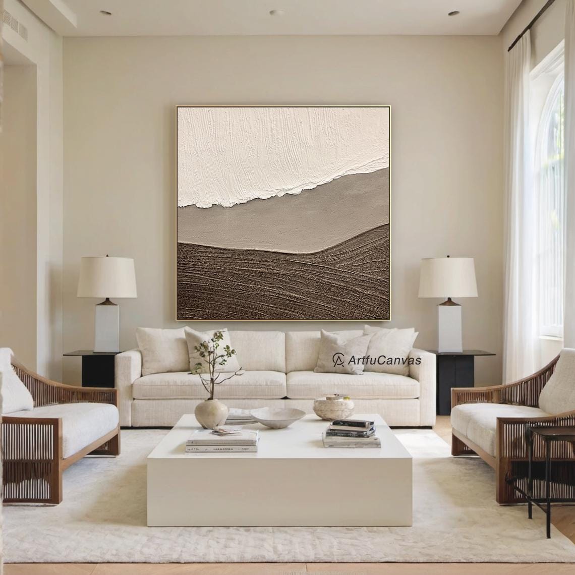 3D Minimalist Ocean Painting on Canvas Textured Wall Art Earth Tone ...