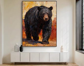 Bold Oil Painting of a Powerful Bear in Earthy Tones Heavy Impasto Rustic Cabin Decor Palette Knife Wildlife Art Large Animal Canvas