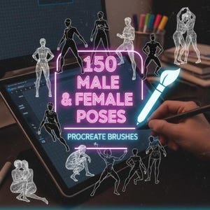 Op de afbeelding: Een digitale tablet toont een neonbord met de tekst "150 Male & Female Poses" en "Procreate Brushes". De afbeelding toont lijntekeningen in verschillende poses, met een hand die een stylus vasthoudt.