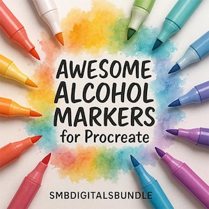 Op de afbeelding: Een verzameling kleurrijke alcoholmarkers gerangschikt rond een aquarel splash. De markers zijn in tinten van rood, oranje, geel, groen, blauw en paars. Tekst luidt "AWESOME ALCOHOL MARKERS for Procreate" en "SMBDIGITALSBUNLE".