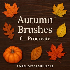 May include: An image featuring autumn-themed digital brushes for Procreate. The image includes a pumpkin and several leaves in shades of orange and yellow, set against a dark wood grain background. Text reads "Autumn Brushes for Procreate" and "SMBDIGITALSBUNDLE".