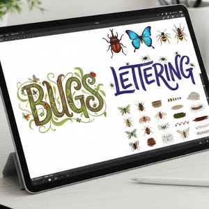 May include: A digital tablet shows a colourful illustration with the word "BUGS" in green, leafy lettering. A blue butterfly, various insects, and the word "LETTERING" in blue are also shown. A white stylus rests on the table.