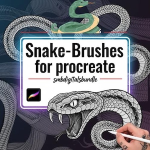 May include: Digital art bundle featuring snake brushes for Procreate. The image showcases a stylized illustration of snakes in shades of gray, green, and white. The text "Snake-Brushes for procreate" is displayed on a white background.