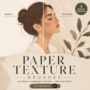Puede incluir: Una ilustración digital que muestra una comparación de pantalla dividida de un retrato. El lado izquierdo es liso y el derecho presenta un efecto de papel texturizado. El texto dice: PAPER TEXTURE BRUSHES, AUTHENTIC HANDMADE TEXTURE, ONE TAP EFFECT, FOR PROCREATE.