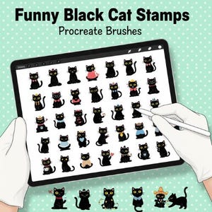 May include: A digital tablet shows numerous black cat illustrations with accessories. The text "Funny Black Cat Stamps Procreate Brushes" is at the top. A hand in a white glove holds a stylus near the screen, ready to draw.