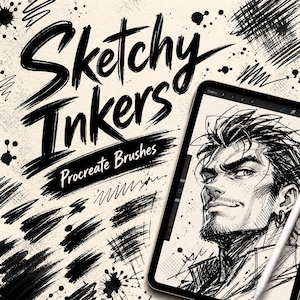 May include: An illustration of a digital art product, "Sketchy Inkers Procreate Brushes," with a drawing of a man on a tablet. The image features black ink splatters and brush strokes on a beige background.