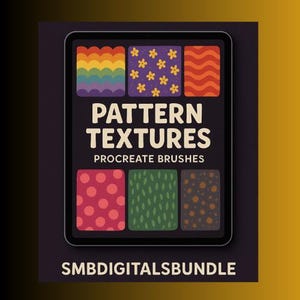 May include: A digital art graphic featuring a tablet displaying six colorful pattern textures. The tablet screen shows a rainbow, floral, and wavy design, with polka dots, leaf, and speckled patterns. Text reads "PATTERN TEXTURES PROCREATE BRUSHES" and "SMBDIGITALSBUNDLE."