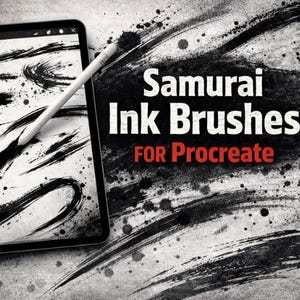 May include: A digital art illustration featuring a tablet with black ink brush strokes and a white stylus. The text "Samurai Ink Brushes FOR Procreate" is displayed in white and red.