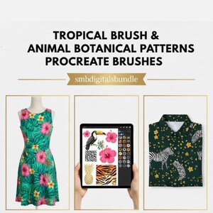 May include: Image featuring a tropical-themed design. It includes a green dress with pink and yellow floral patterns, a digital tablet displaying animal and botanical illustrations, and a dark green shirt with zebra and yellow flower patterns. Text reads: "TROPICAL BRUSH & ANIMAL BOTANICAL PATTERNS PROCREATE BRUSHES".