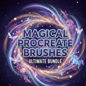 Può includere: Grafica di arte digitale con il testo "MAGICAL PROCREATE BRUSHES ULTIMATE BUNDLE". Il design presenta una galassia vorticosa di viola, blu e rosa, con stelle, farfalle e unicorni.