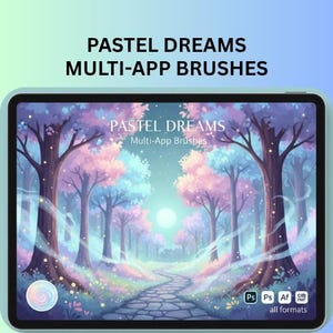 May include: A digital tablet displays a pastel landscape with trees and a path. The text "PASTEL DREAMS MULTI-APP BRUSHES" is at the top. The screen shows a forest scene with pink, blue, and purple trees. Icons for different formats are at the bottom.