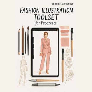 May include: A digital fashion illustration toolset for Procreate. The image features a tablet displaying a fashion illustration of a woman in a pink suit, surrounded by pencils, brushes, and color swatches. Text at the top reads "FASHION ILLUSTRATION TOOLSET".