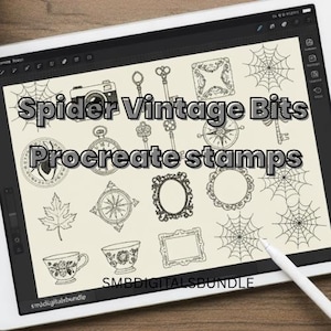 May include: A digital art display on a tablet featuring a collection of vintage-style illustrations. The design elements include spiderwebs, keys, frames, compasses, and teacups. The text "Spider Vintage Bits Procreate stamps" is displayed on the screen.
