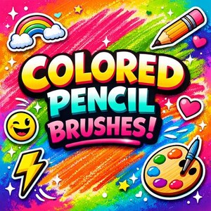 May include: A vibrant digital artwork with the text "COLORED PENCIL BRUSHES!" in a cartoon style. The background is a mix of colourful brushstrokes. Decorative elements include a rainbow, pencil, hearts, and a painter's palette.