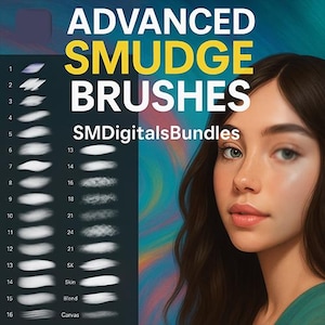 Könnte beinhalten: Werbebild für digitale Kunstpinsel für fortgeschrittene Wischeffekte. Der Text lautet "ADVANCED SMUDGE BRUSHES" und "SMDigitalsBundles". Das Bild zeigt eine Frau mit braunen Haaren und Beispiele für Pinselstriche.