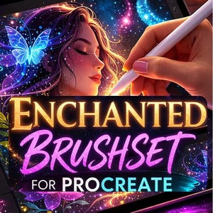 May include: Digital art illustration featuring a woman with long, flowing hair and a glowing butterfly. The image includes the text "ENCHANTED BRUSHSET FOR PROCREATE" in gold and pink lettering, suggesting a digital art product.