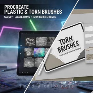 May include: A digital art product advertisement featuring a tablet displaying Procreate brushes. The text reads "PROCREATE PLASTIC & TORN BRUSHES" and "TORN BRUSHES". The image includes a stylus, torn paper textures, and a blurred background.