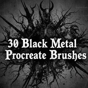 May include: A grayscale illustration featuring a demonic figure with horns, surrounded by thorny branches. The text "30 Black Metal Procreate Brushes" is prominently displayed in a bold, white font, suggesting digital art tools.