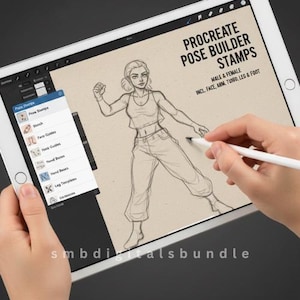 May include: A digital art tutorial on a tablet, featuring a sketch of a female figure. The screen displays "Procreate Pose Builder Stamps" with options for poses, face guides, and hand bases. A hand holds a stylus, illustrating the digital art process.