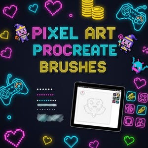 Puede incluir: Anuncio de arte digital con el texto "PIXEL ART PROCREATE BRUSHES" en fuente pixelada. La imagen presenta corazones pixelados, mandos de juego y personajes, junto con una tableta que muestra pixel art.