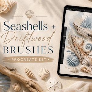 May include: An image featuring seashells and driftwood, with the text "Seashells + Driftwood BRUSHES • PROCREATE SET." A tablet displays a digital illustration of seashells and driftwood. Various seashells are scattered around the tablet.