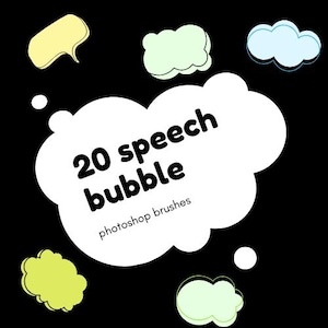 Może przedstawiać: Biała chmurka z tekstem "20 speech bubble photoshop brushes". W tle znajdują się kolorowe chmurki.