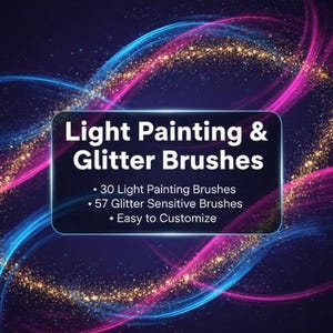 May include: A digital art graphic with the text "Light Painting & Glitter Brushes." The image features a dark blue background with swirling blue, pink, and gold glitter effects. The text is in a white, rounded rectangle with bullet points listing features.