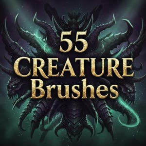 May include: Digital art image featuring a dark, fantasy-themed design. The central focus is on the text "55 CREATURE Brushes" in gold lettering. The background showcases a dark, swirling design with monster-like creatures.