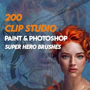 Op de afbeelding: 200 Clip Studio Paint & Photoshop Superhelden-penselen. Een set digitale penselen voor het maken van illustraties in comic-stijl.