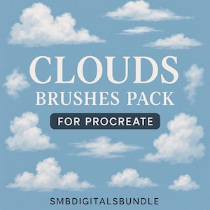 May include: A digital art graphic featuring fluffy white clouds against a light blue sky. The text "CLOUDS BRUSHES PACK FOR PROCREATE" is displayed in large white letters. The bottom of the image includes the text "SMBDIGITALSBUNDLE".